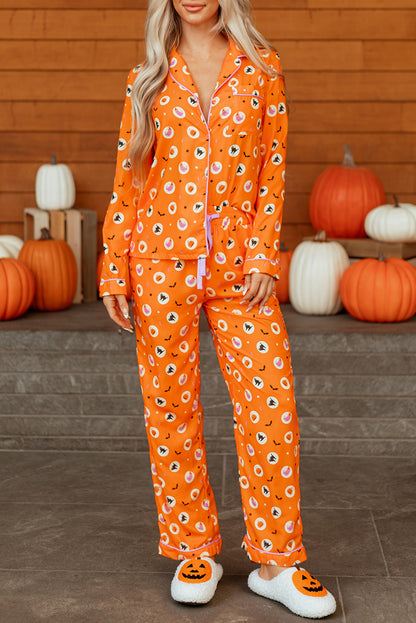 Orange Halloween Print Lapel Shirt Long 2pcs Pajama Set - Snoopy's Closet