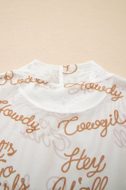 White Howdy Hey Yall Mesh High Neck Long Sleeve Top - Snoopy's Closet