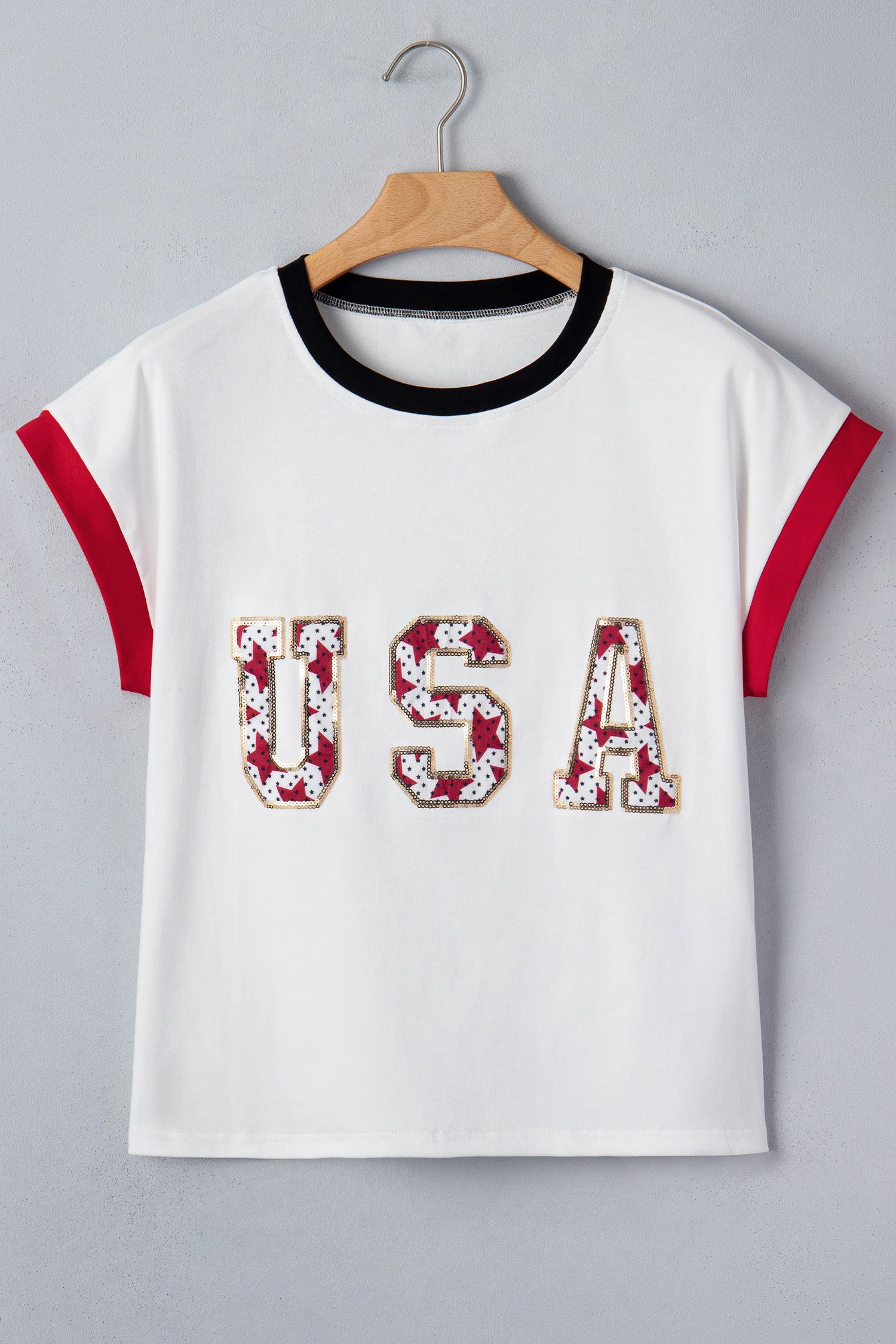 White USA Sequin Color Block Trim Loose T Shirt