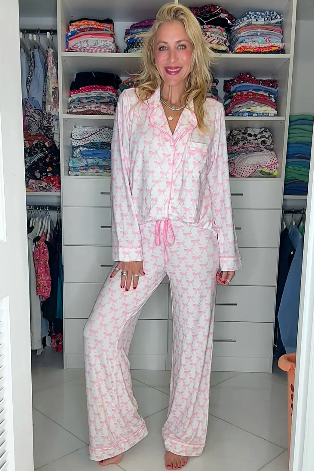 Pink Bow Print Long Sleeve Shirt and Pants Soft Pajama Set - Snoopy's Closet