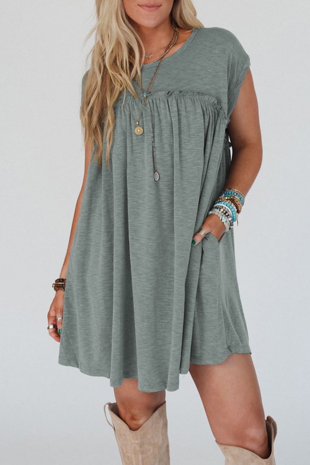 Mist Green Frilled Gathered Seam Round Neck T Shirt Dress - Snoopy's Closet