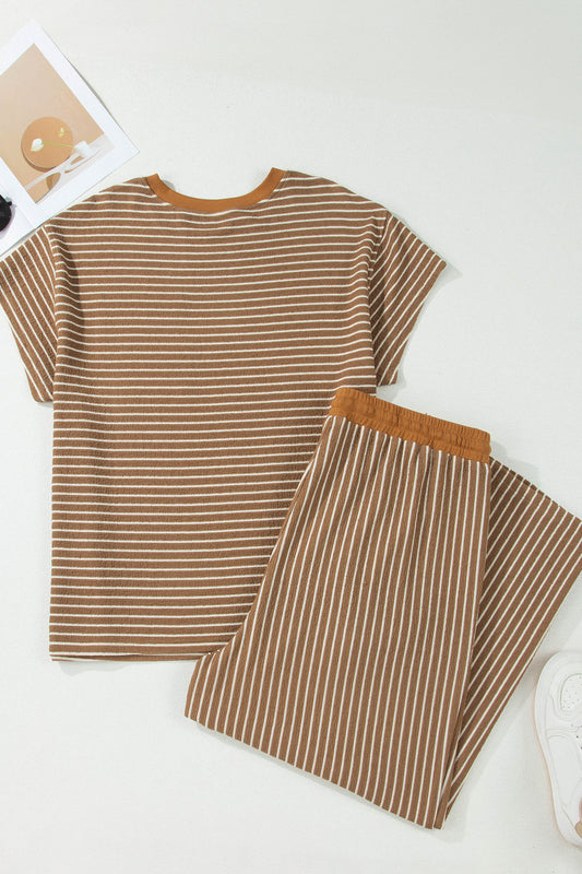 Conjunto de descanso de talla grande a rayas caqui con bloques de color y bolsillos
