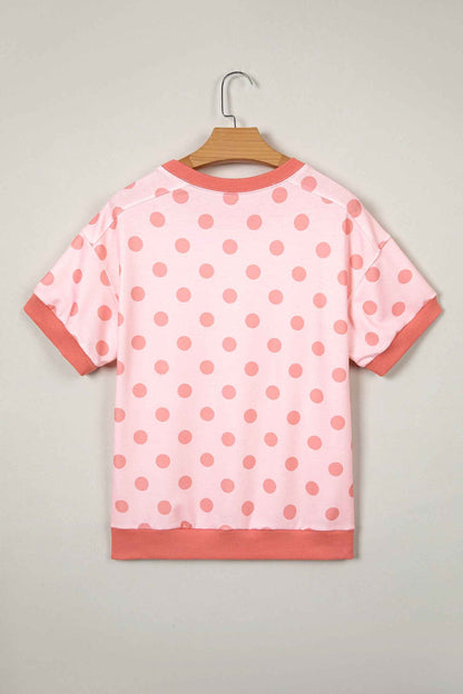 Pink Color Block Trim Polka Dot Casual Tee