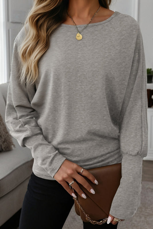 Light Grey Solid Color Extended Cuffs Long Sleeve Top - Snoopy's Closet