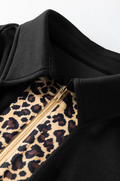 Vestido Mini Acampanado de Manga Corta Abullonada con Cuello de Cremallera y Retales de Leopardo Negro