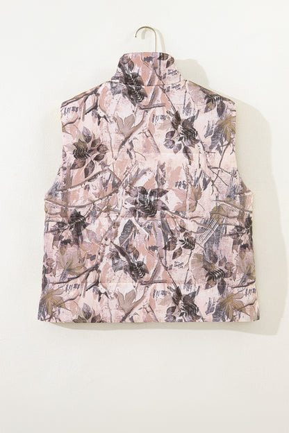 Chaleco acolchado de invierno con estampado de hojas de camuflaje marrón