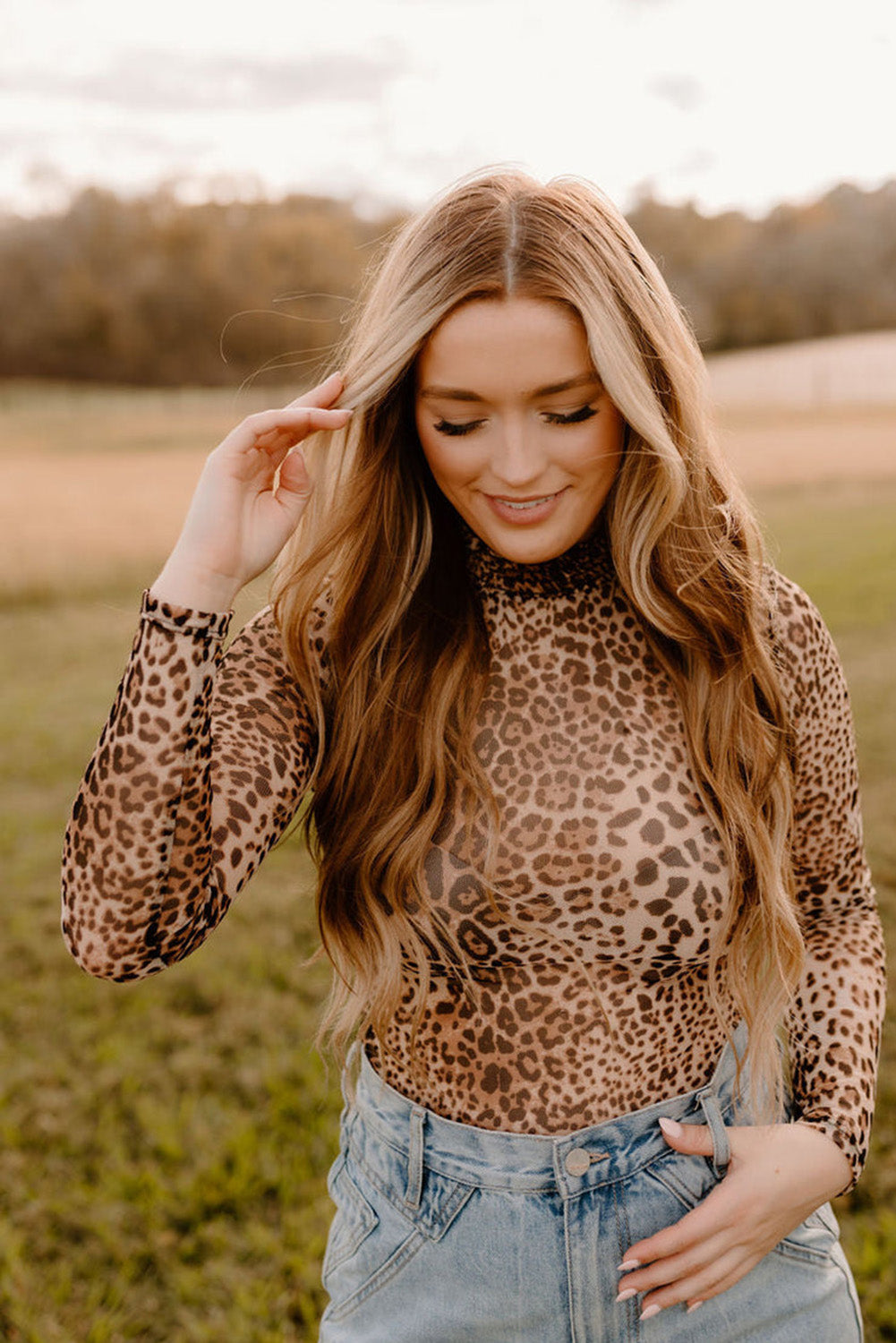 Brown Leopard Smocked Neck Mesh Long Sleeve Bodysuit - Snoopy's Closet
