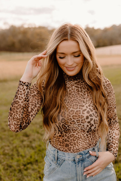 Brown Leopard Smocked Neck Mesh Long Sleeve Bodysuit - Snoopy's Closet