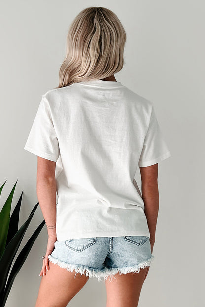 Camiseta patriótica de cuello redondo con gráfico de cereza con lazo blanco de AMÉRICA