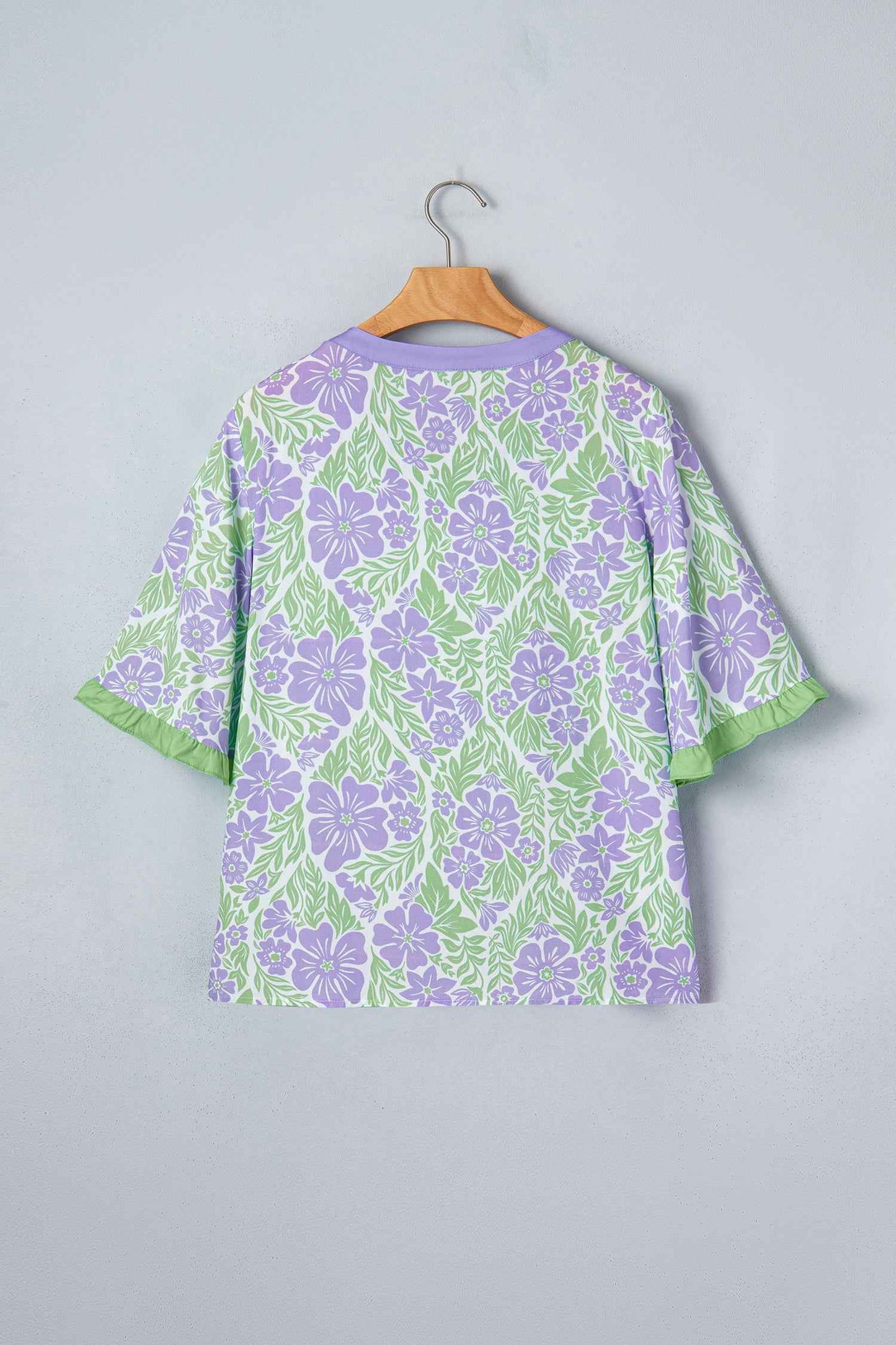 Sky Blue Floral Print Ruffled Color Block Trim Half Sleeve Blouse