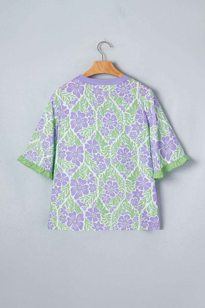 Sky Blue Floral Print Ruffled Color Block Trim Half Sleeve Blouse