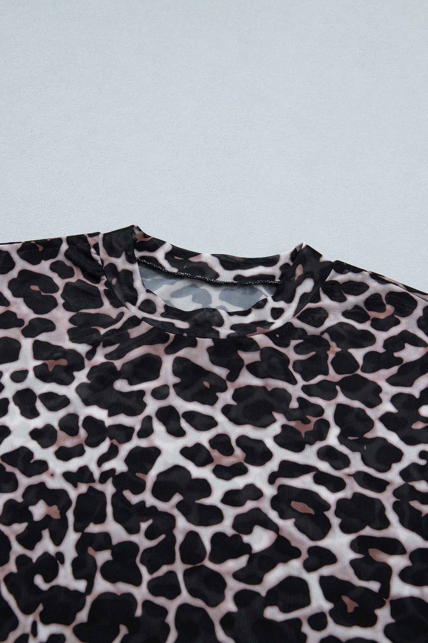 Khaki Leopard Print Sheer Mesh Short Sleeve Top