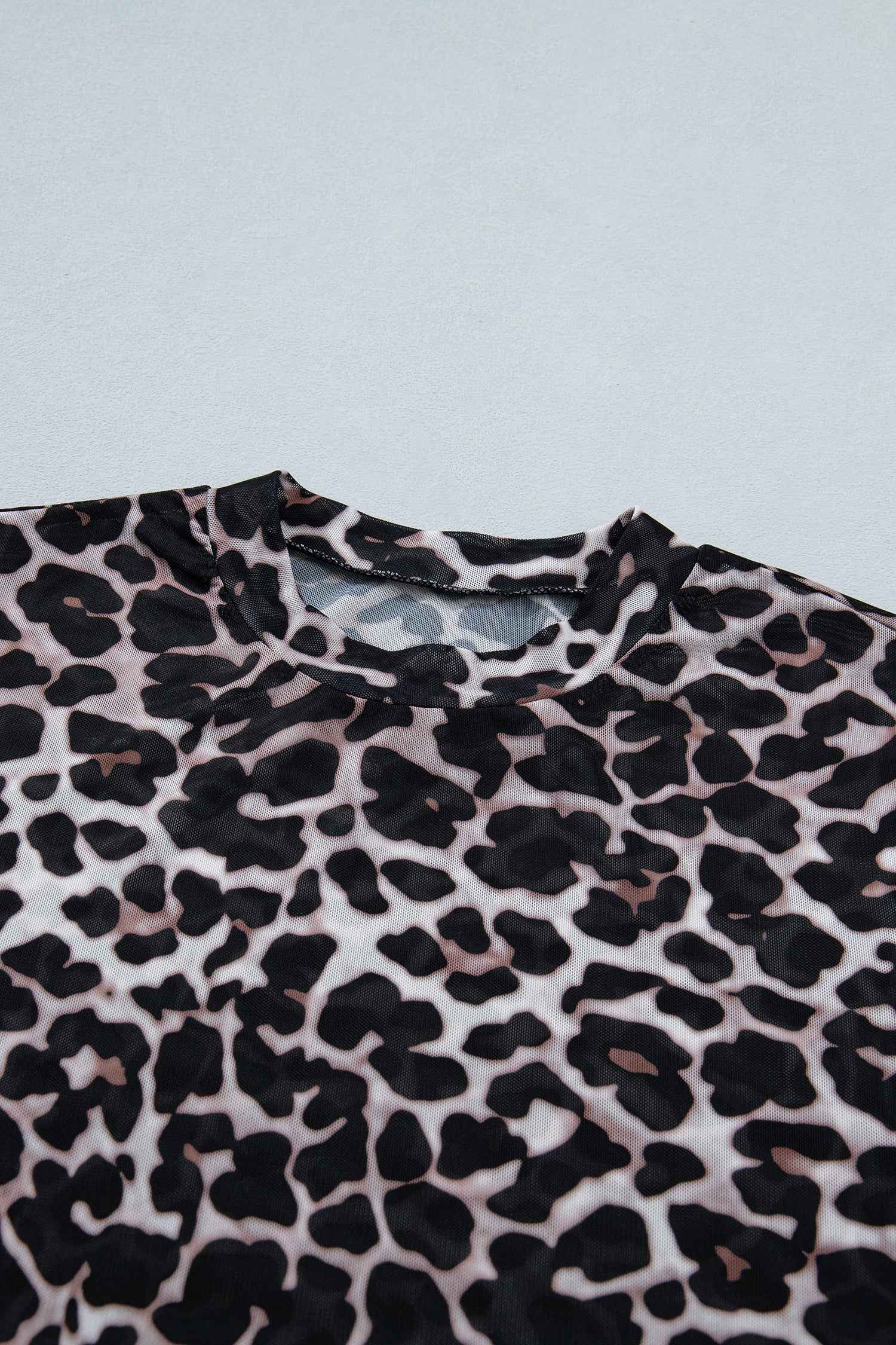 Khaki Leopard Print Sheer Mesh Short Sleeve Top