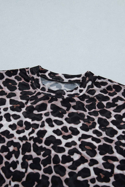 Khaki Leopard Print Sheer Mesh Short Sleeve Top