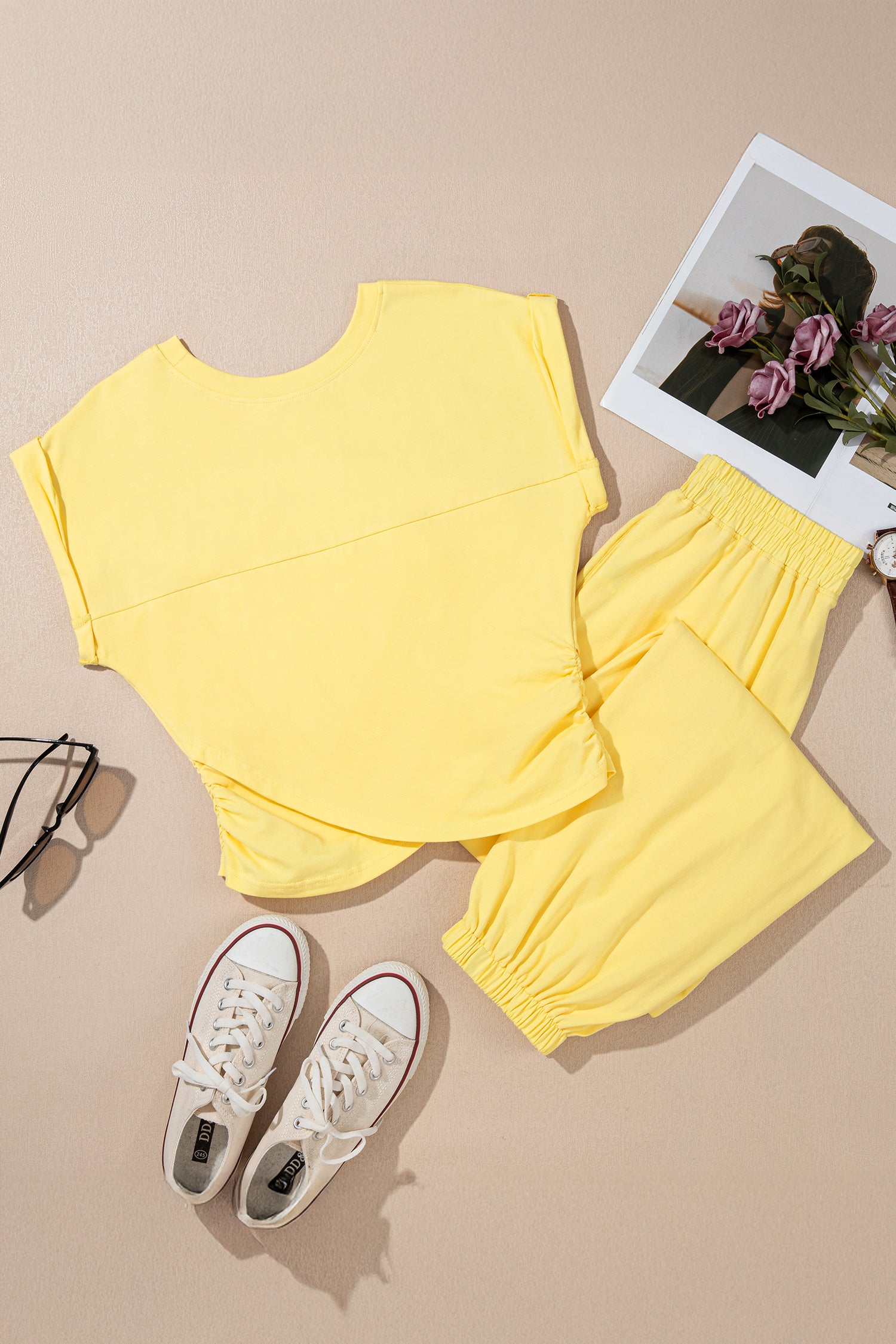 Yellow Cream Solid Color Cropped Tank Top and Jogger Pants Set - Snoopy's Closet