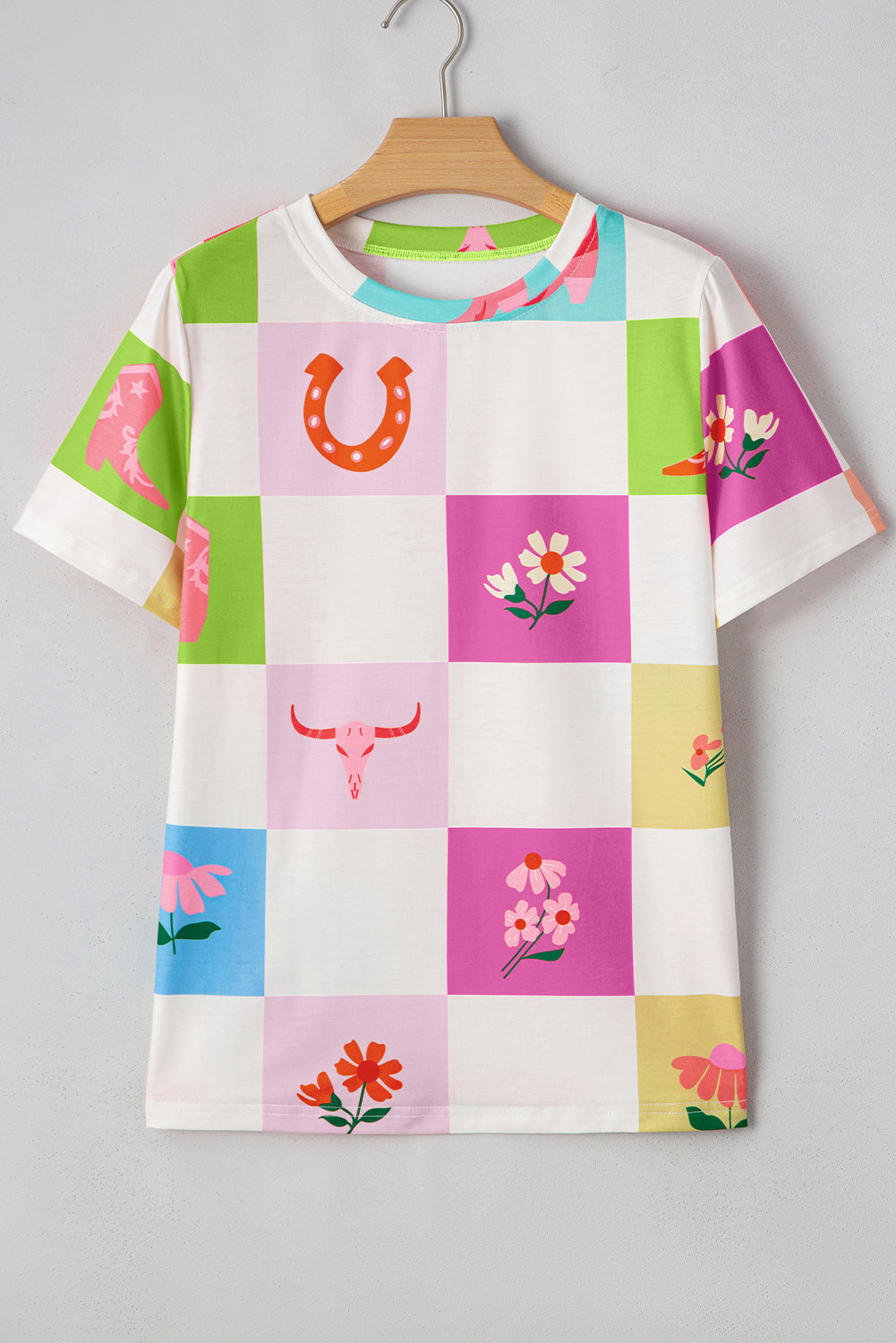 Purple Western Fashion Checker Print Crewneck T Shirt - Snoopy's Closet