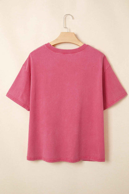 Red Independence Day Star Printed Mineral Wash T Shirt