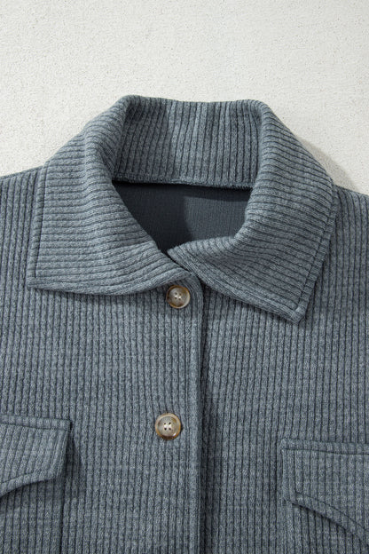 Chaqueta casual de punto acanalado gris medio con botones y bolsillos de solapa delanteros