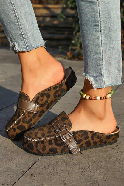 Coffee Faux Suede Cute Buckle PU Leather Strap Mule Slippers - Snoopy's Closet