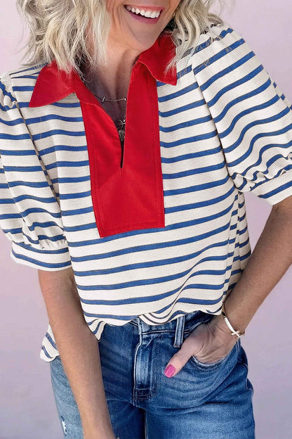 Blue Stripe Short Puff Sleeve Color Block Polo Collar Blouse