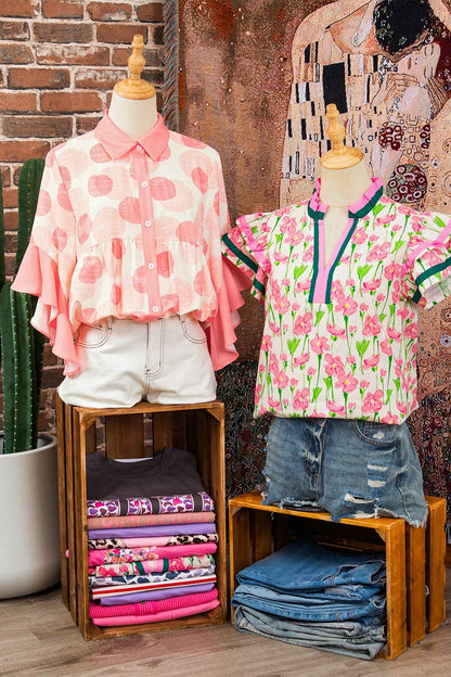 Pink Double Polka Dot Printed Ruffle Trim Short Sleeve Babydoll Shirt