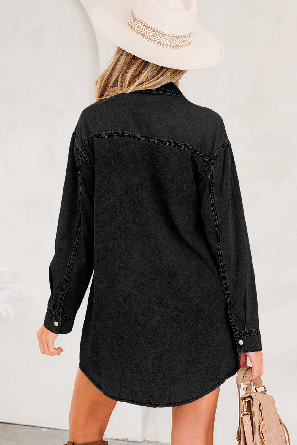 Blue Beau Chest Pocket Raw Hem Denim Loose Shirt Dress - Snoopy's Closet