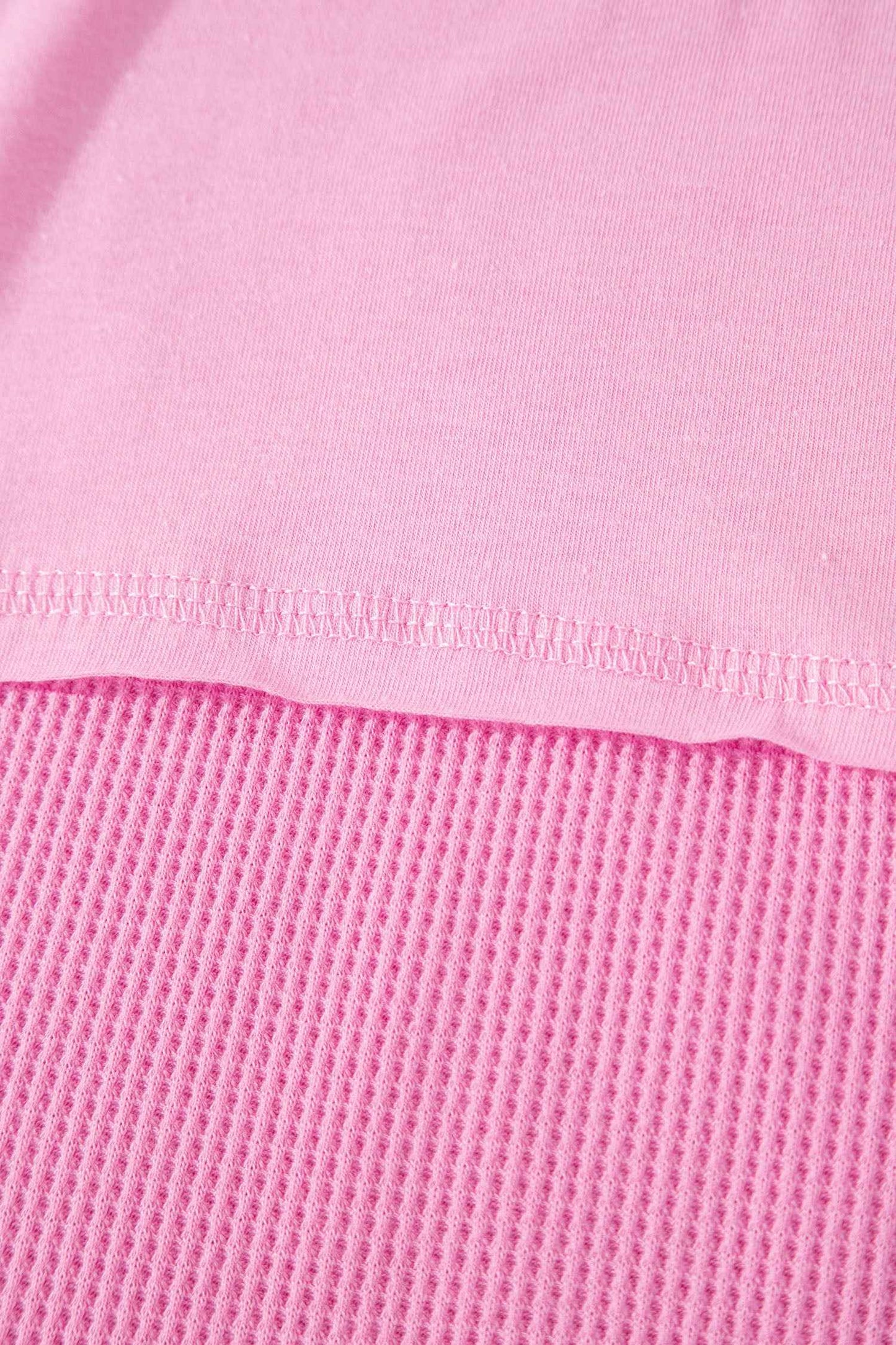 Pink Solid Color Raw Seam Waffled Patchwork Casual T Shirt