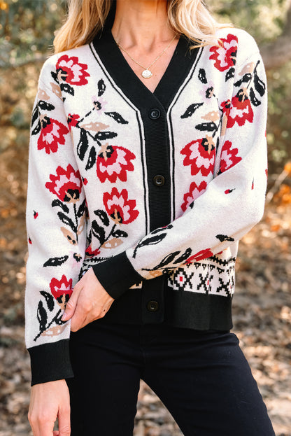 Beige Floral Print Buttoned Front V Neck Knit Cardigan