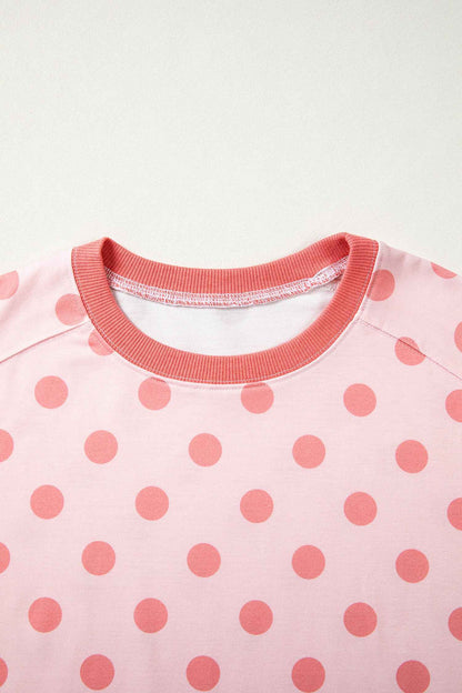 Pink Color Block Trim Polka Dot Casual Tee