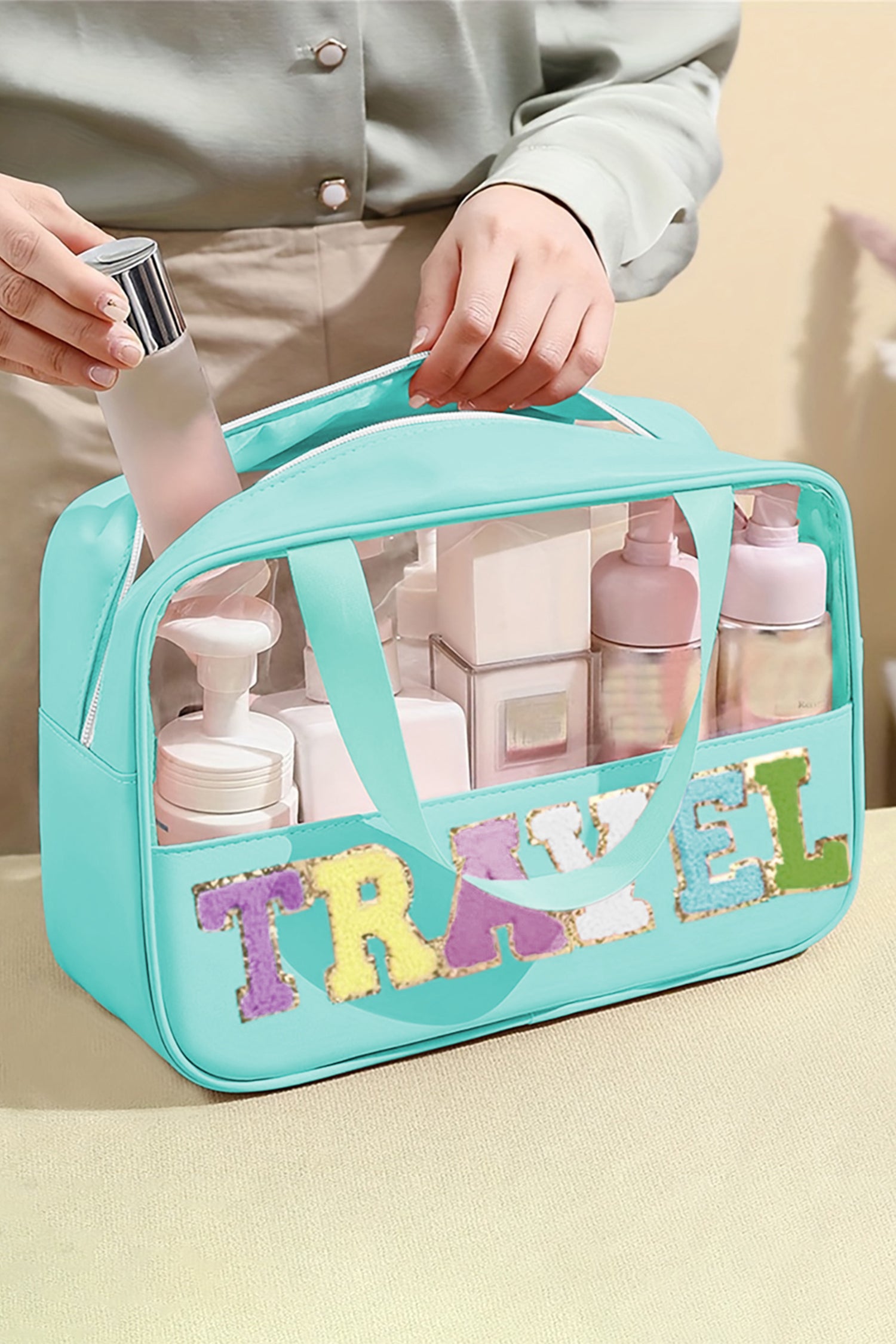 Light Pink TRAVEL Chenille Letter Clear PVC Makeup Bag - Snoopy's Closet