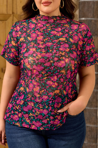 Rose Plus Size Floral Mesh Short Sleeve Top - Snoopy's Closet