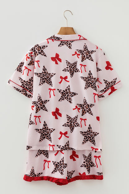 White Leopard Star Ribbon Bow Print Contrast Trim Short Pajama Set - Snoopy's Closet