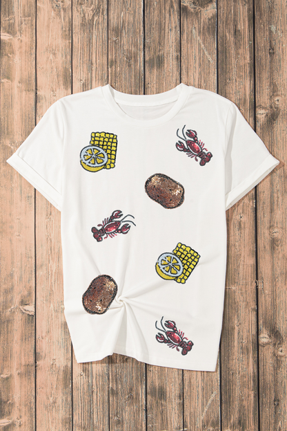 Camiseta blanca con cuello redondo, estampado de lentejuelas, cangrejo, patata, limón y maíz