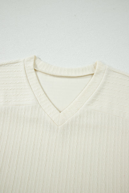 Beige Twisted Texture Knit V Neck T Shirt - Snoopy's Closet
