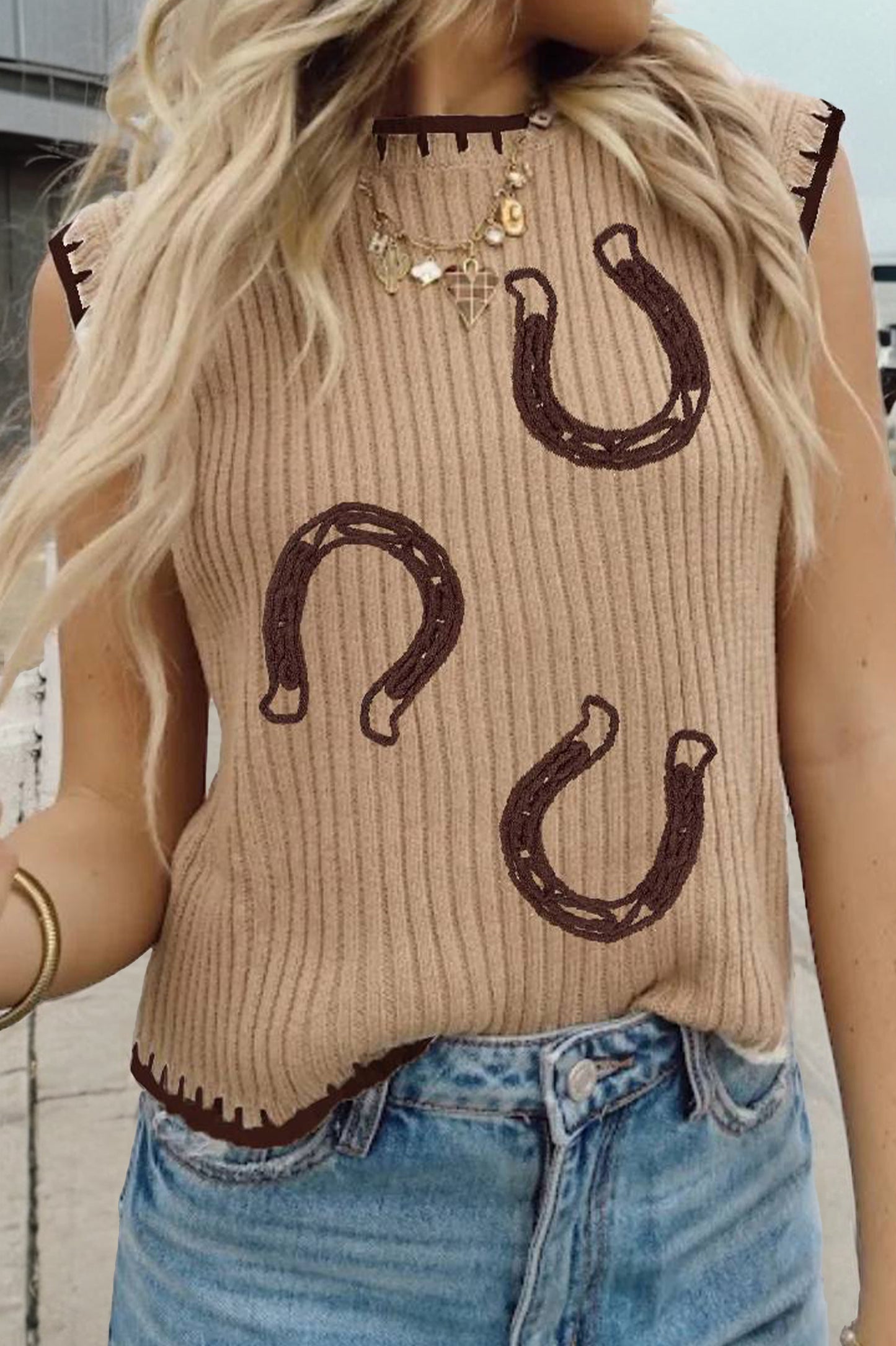 Light French Beige Ribbed Knit Contrast Trim Round Neck Horseshoe Sweater Vest - Snoopy's Closet
