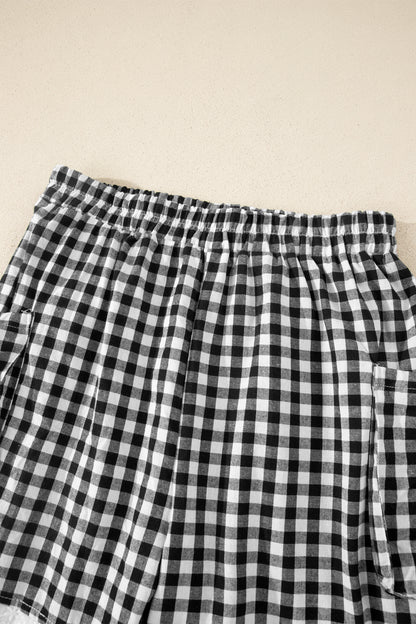 Black Gingham Lace Trim Shorts with Pouch Pockets