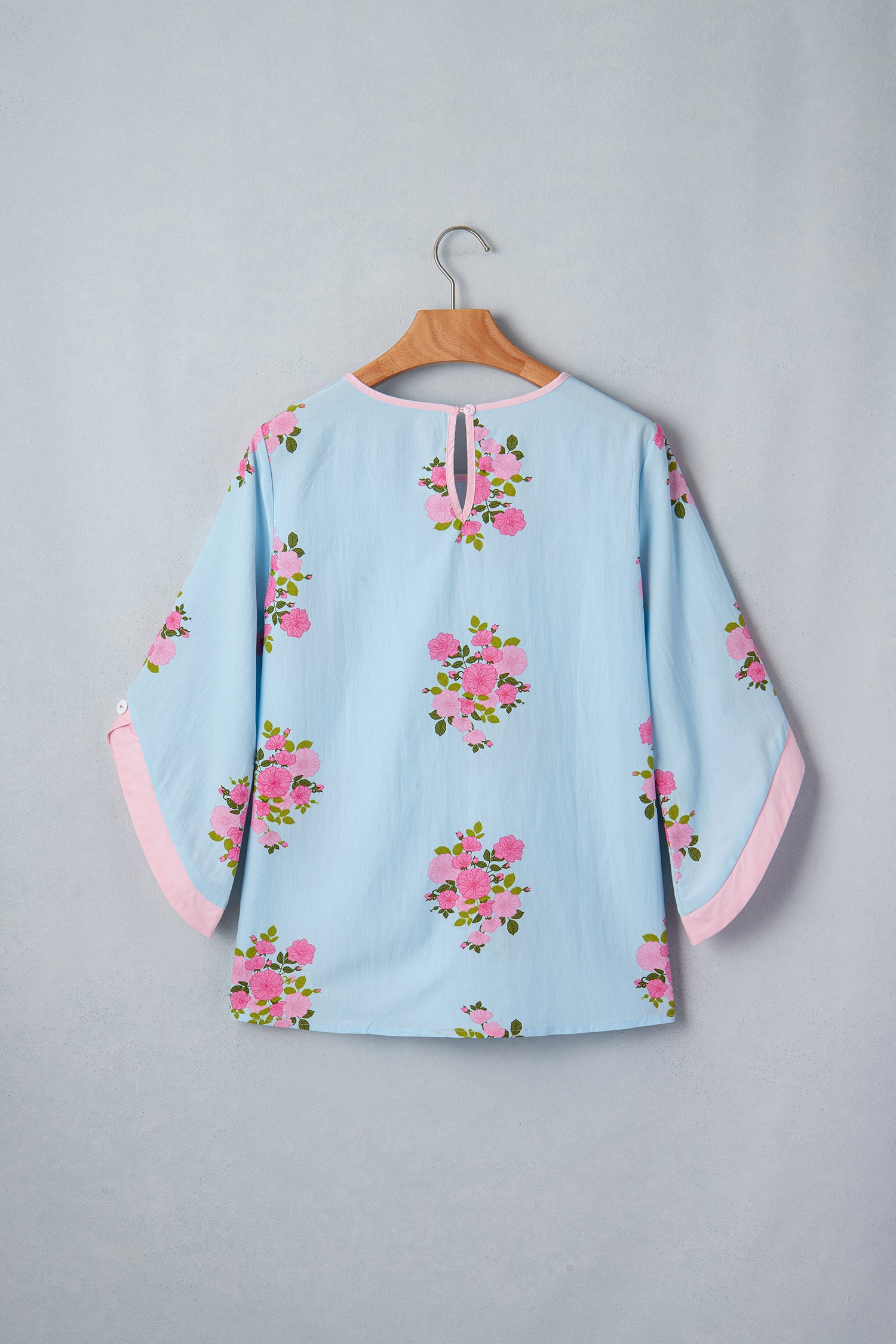 Sky Blue Floral Print Button Cuffed 3/4 Sleeve Round Neck Blouse - Snoopy's Closet