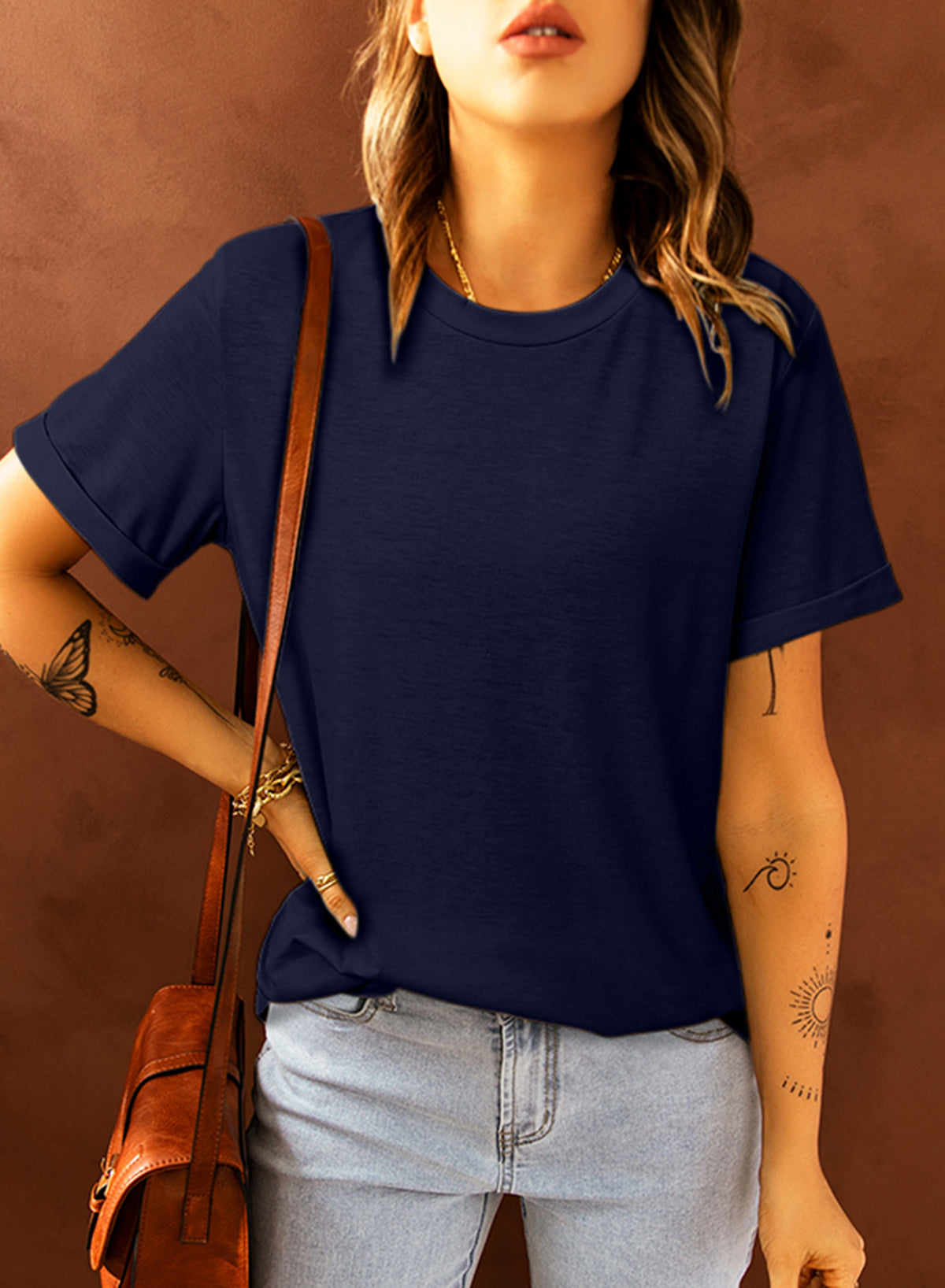 Blue Solid Color Crew Neck Tee - Snoopy's Closet