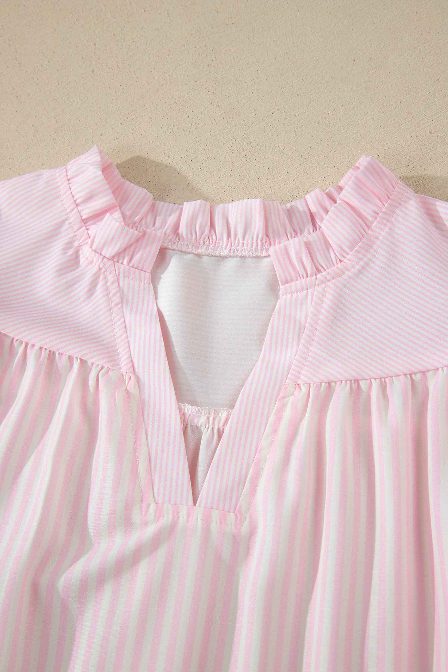 Pink Stripe Contrast Trim V Neck Flutter Sleeve Blouse