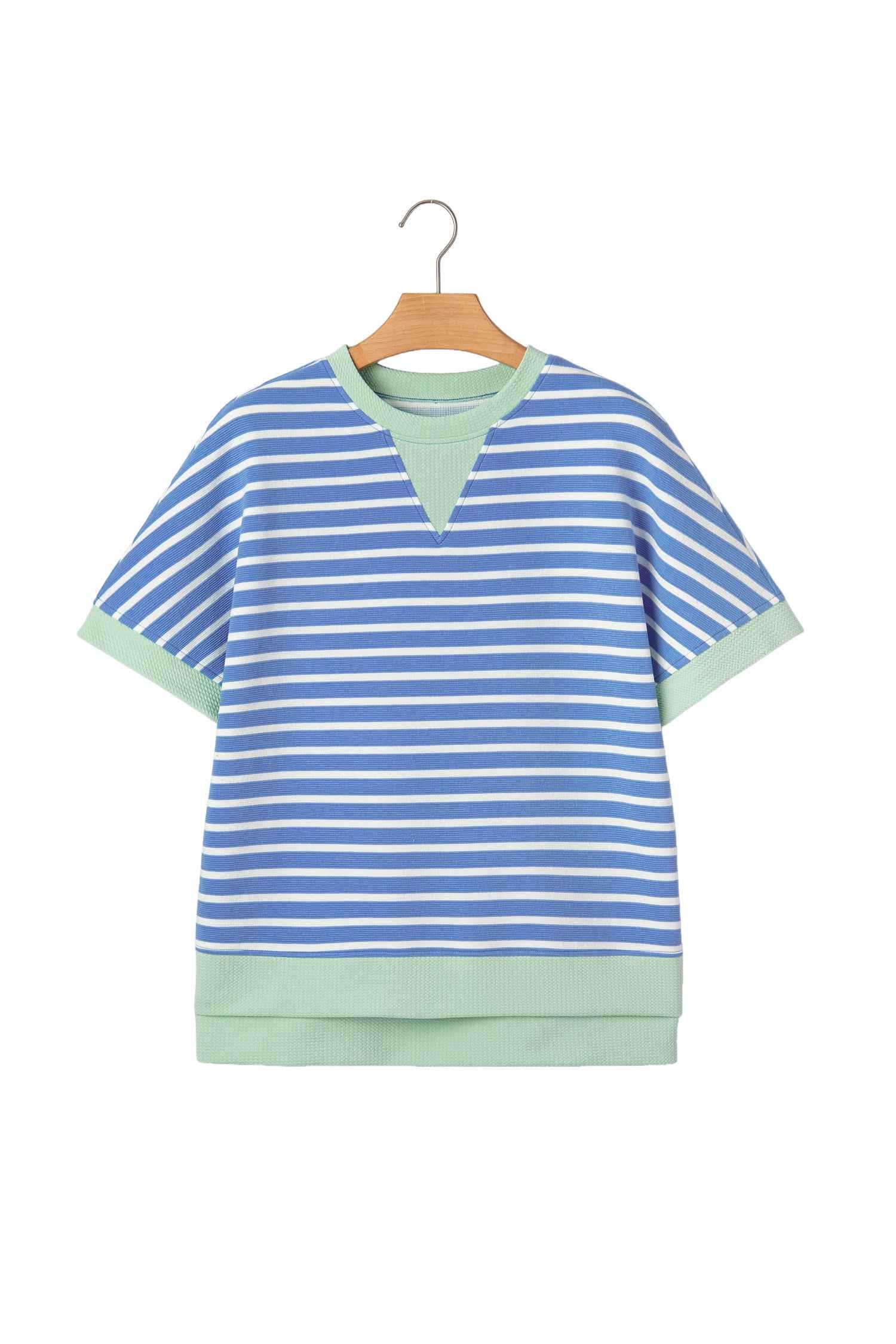 Pink Stripe Contrast Trim Loose Short Sleeve Top