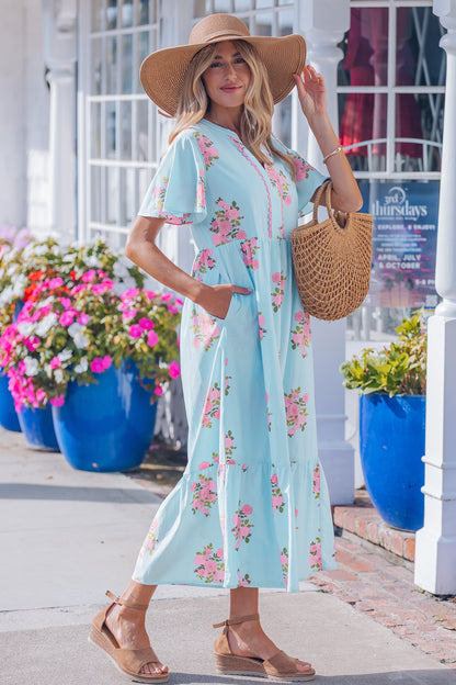 Pink Notched Neck Flutter Short Sleeve Floral Print Maxi Dress - Snoopy's Closet