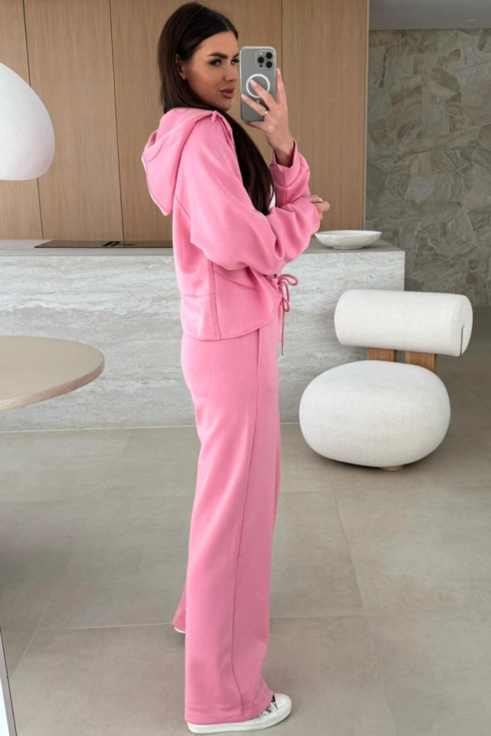 Pink Solid Color Zip Up Hoodie Drawstring Loose Pants Set - Snoopy's Closet