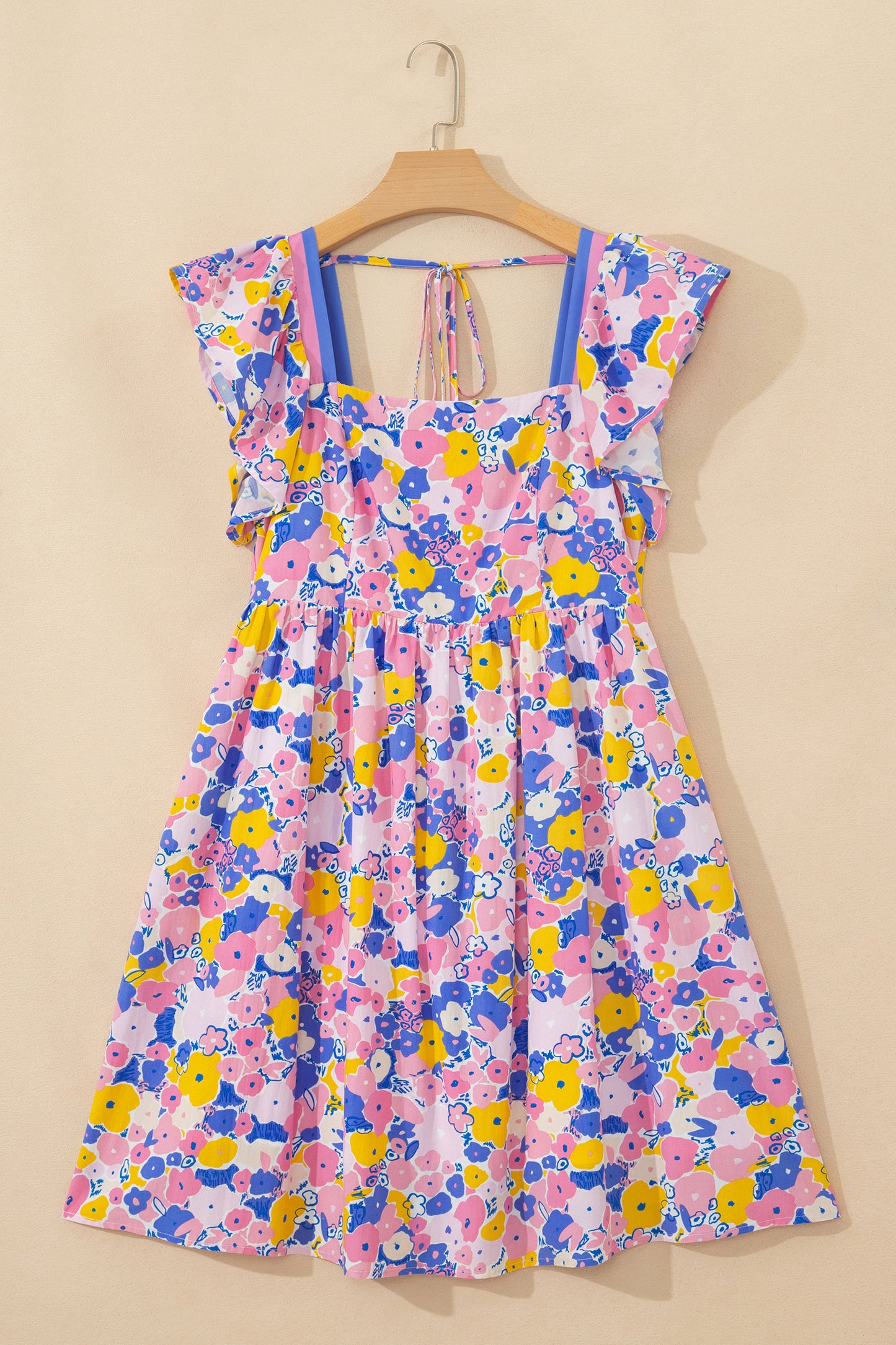 Minivestido suelto con estampado floral multicolor, manga con volante y cuello cuadrado con ribete a rayas
