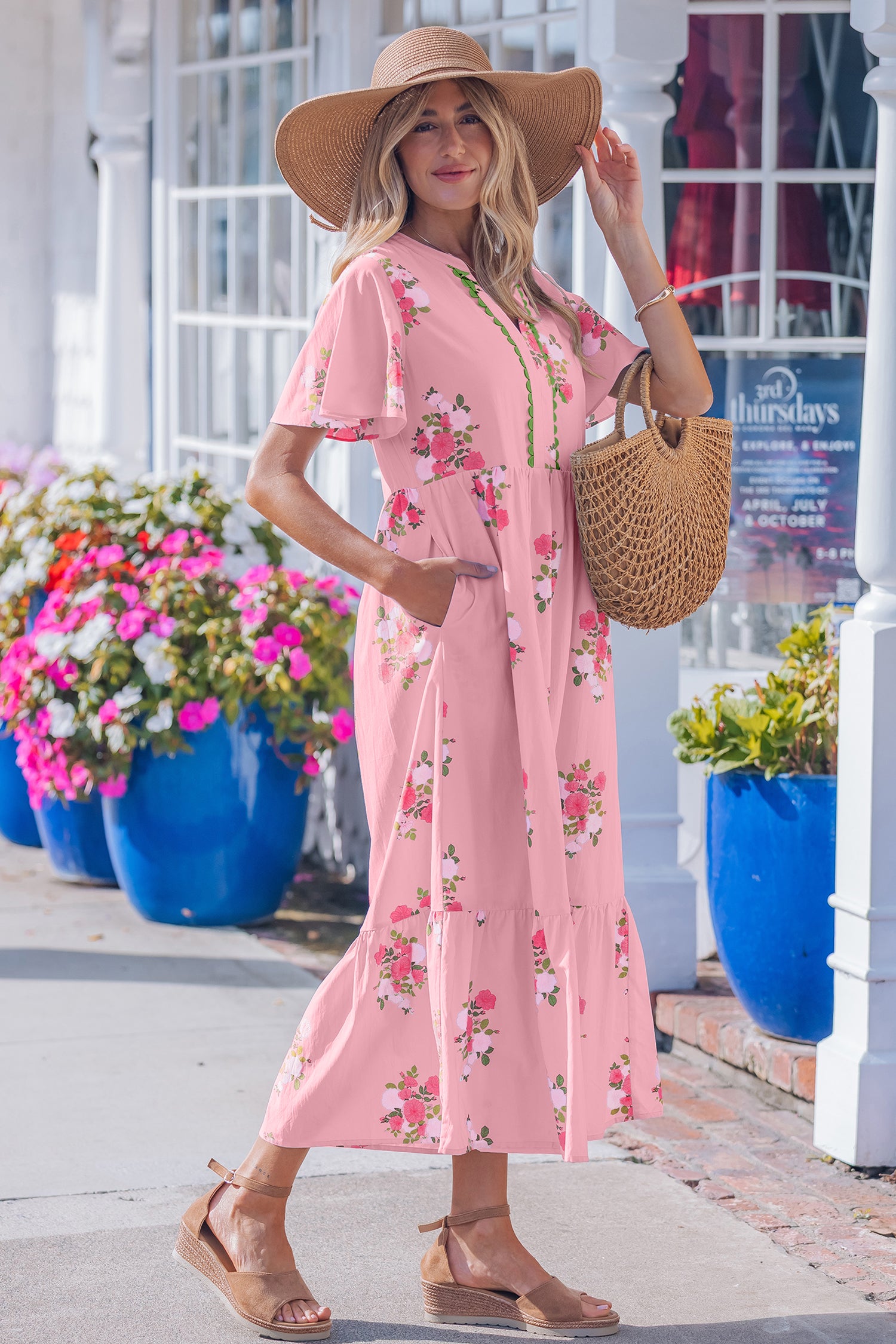 Pink Notched Neck Flutter Short Sleeve Floral Print Maxi Dress - Snoopy's Closet