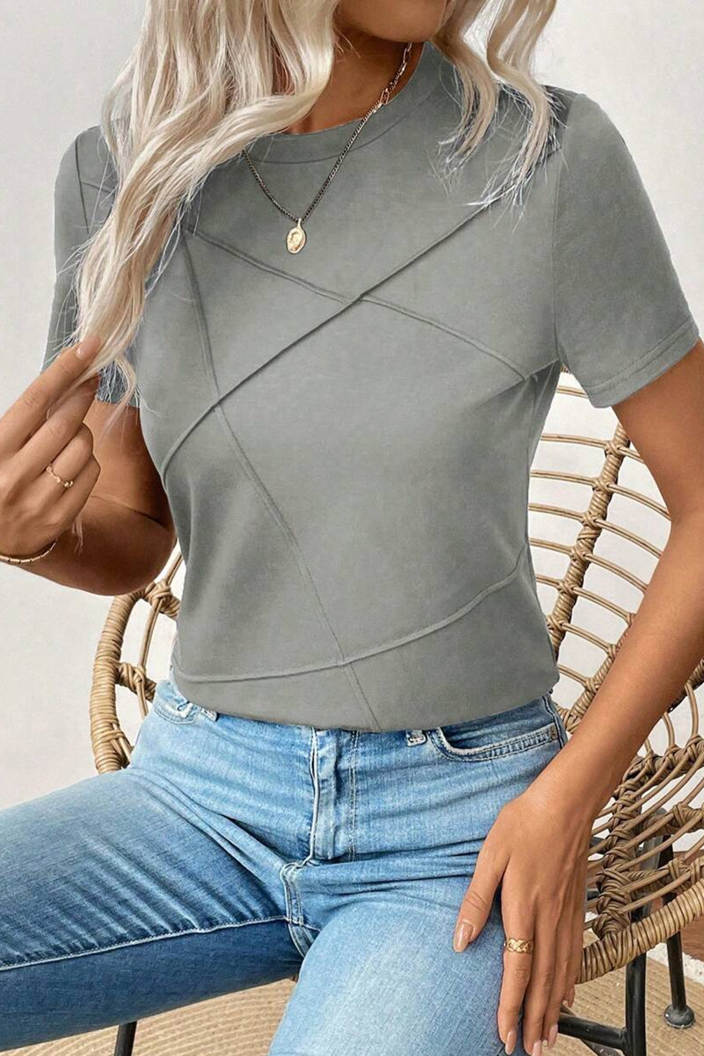 Medium Grey Solid Color Toothpick Stripe Round Neck T Shirt - Snoopy's Closet