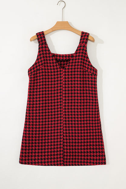 Red Houndstooth Print V Neck Sleeveless Mini Dress - Snoopy's Closet