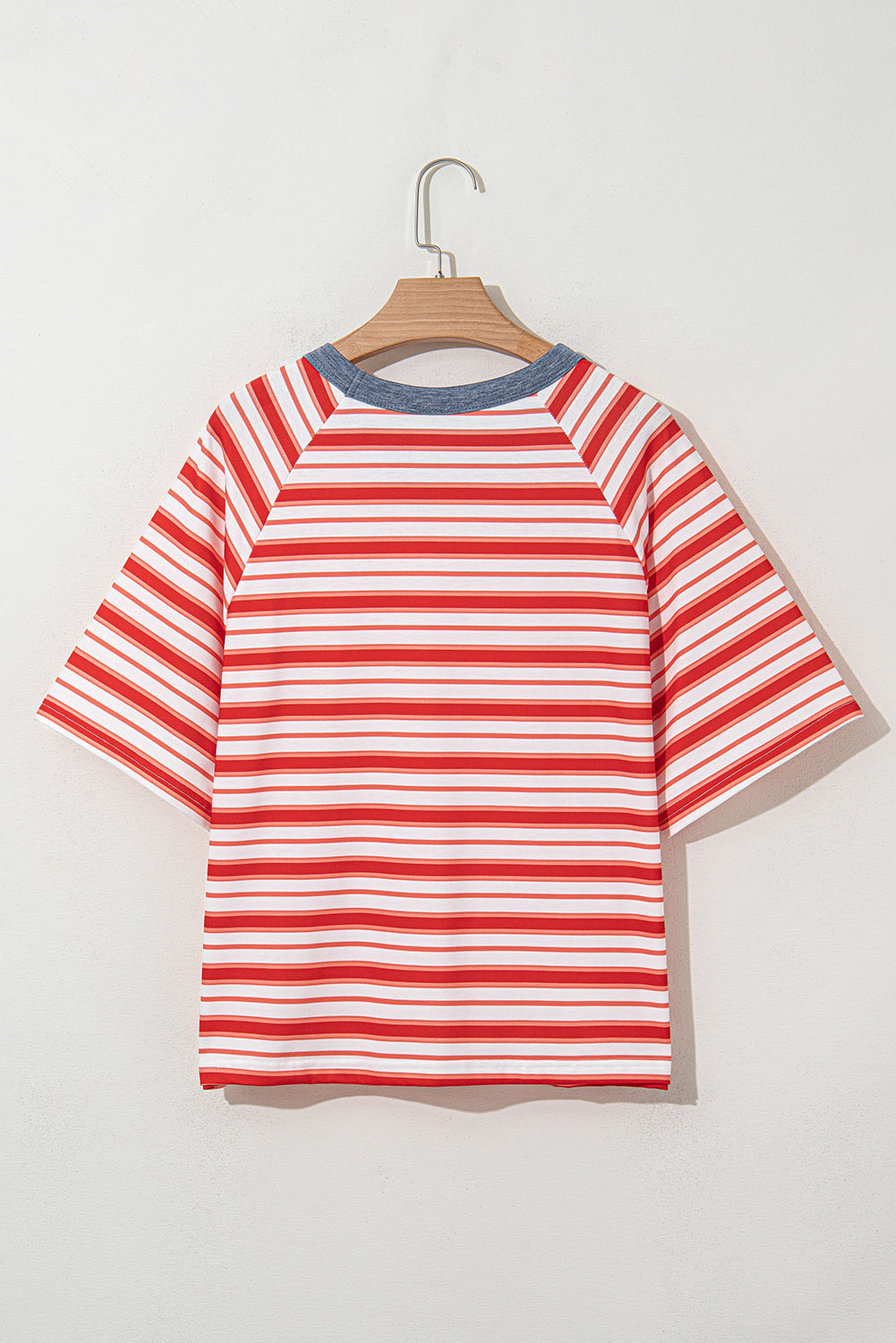 Tomato Red Stripe Print Contrast Collar Raglan Sleeve T Shirt - Snoopy's Closet