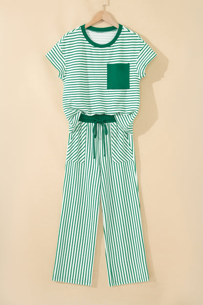 Sky Blue Stripe Crew Neck Tee Drawstring Waist Cropped Pants Set - Snoopy's Closet
