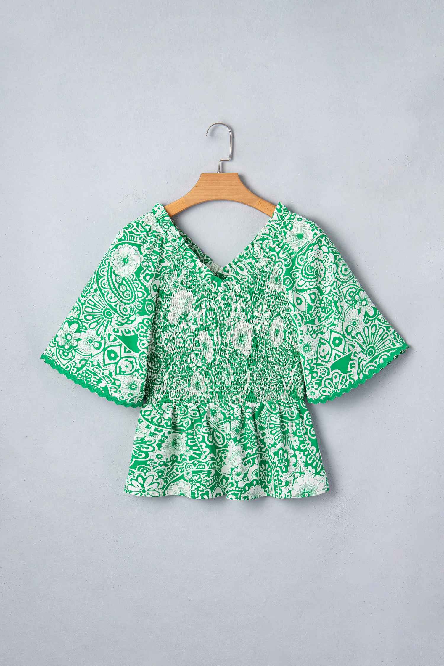 Green Flirty Floral Smocked V Neck Blouse
