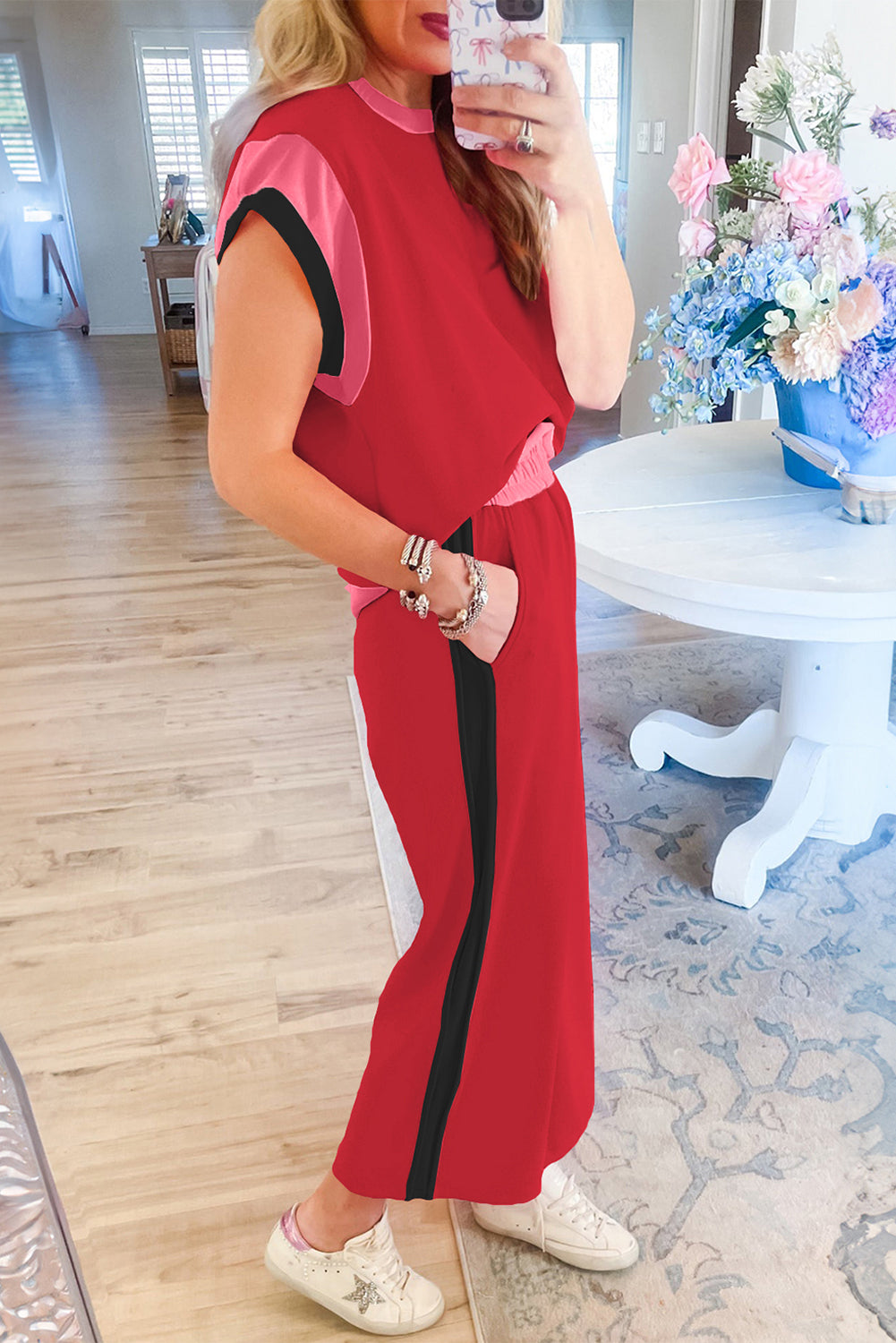 Racing Red Color Block Detail Casual Two-piece Set - Snoopy's Closet